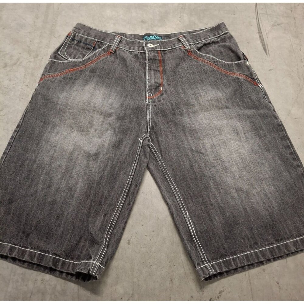 Southpole Mens Gray Denim Shorts Red  Blue Stitching Size 38 Casual Streetwear